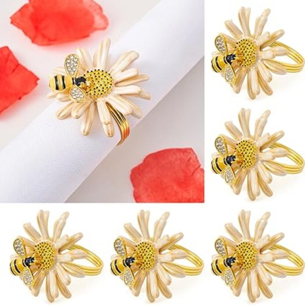 6 Metal Bee on Flower Napkin Rings for Lunch Dinner Shower Party's‎